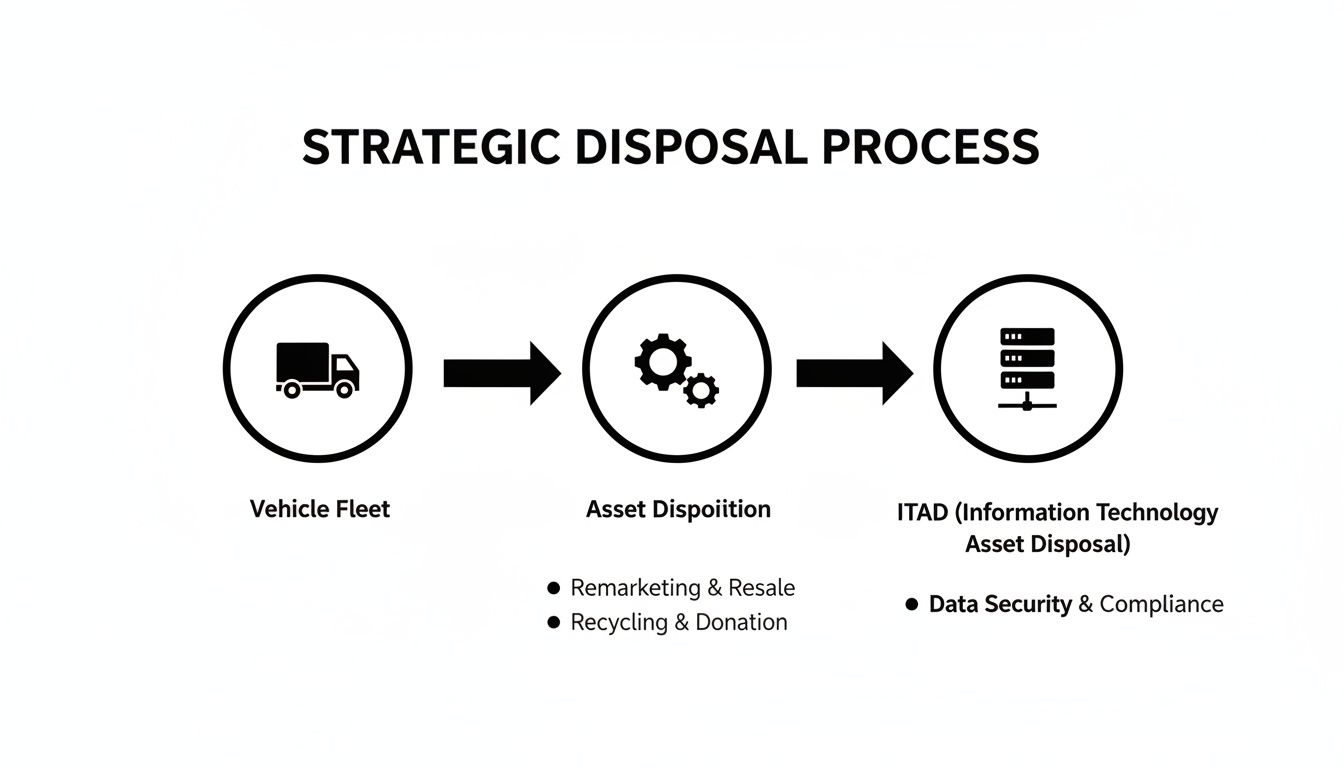 Infographic illustrating a strategic asset disposal process, from vehicle fleets to IT equipment and data security.