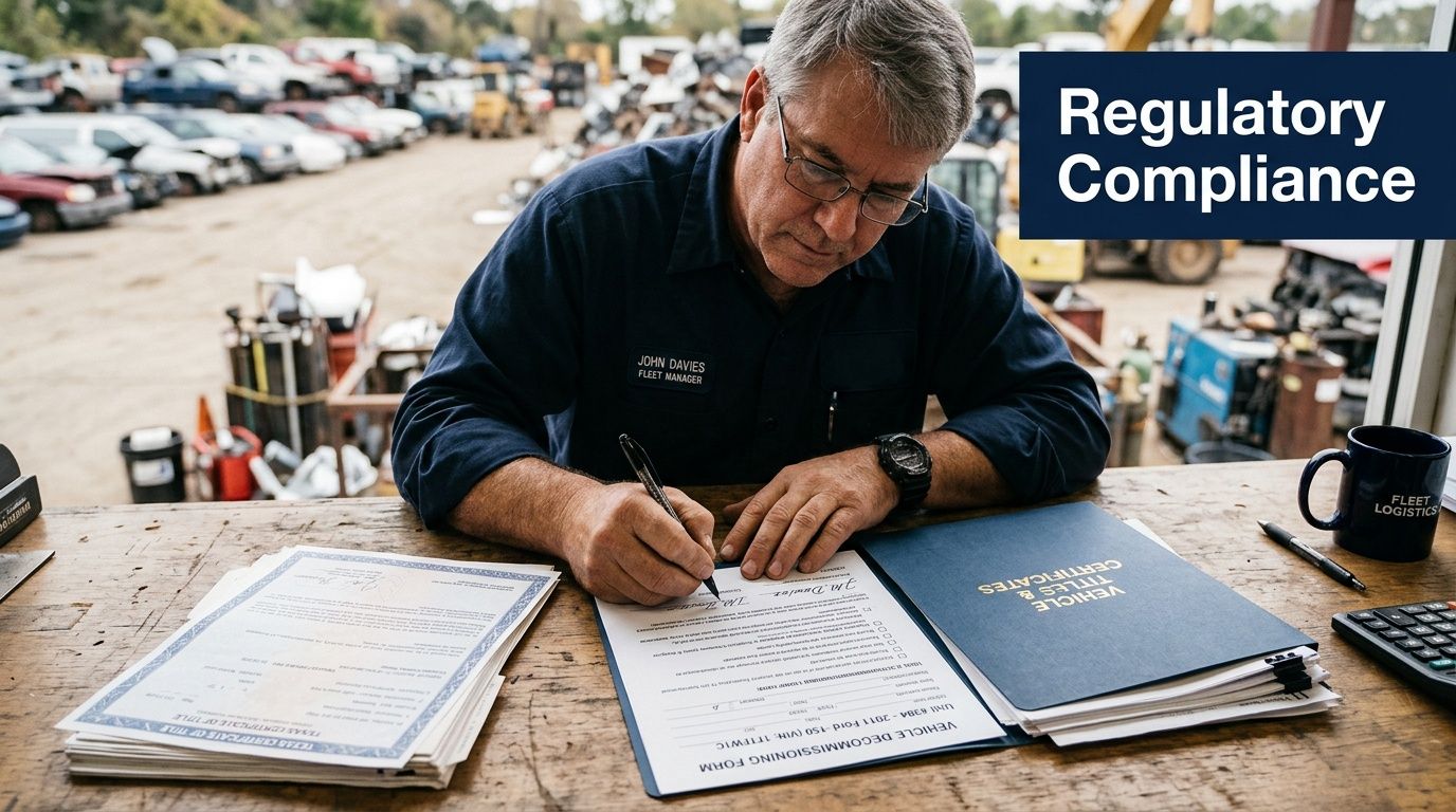 A fleet manager signs vehicle decommissioning forms, ensuring regulatory compliance at an outdoor auto recycling yard.
