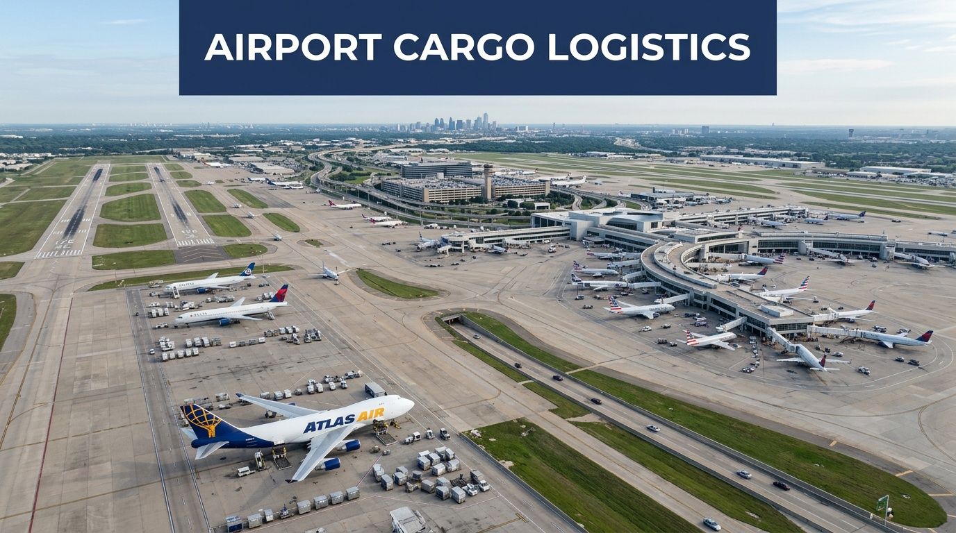 Aerial view of the Dallas Fort Worth International Airport featuring parked airplanes and cargo logistics activity.