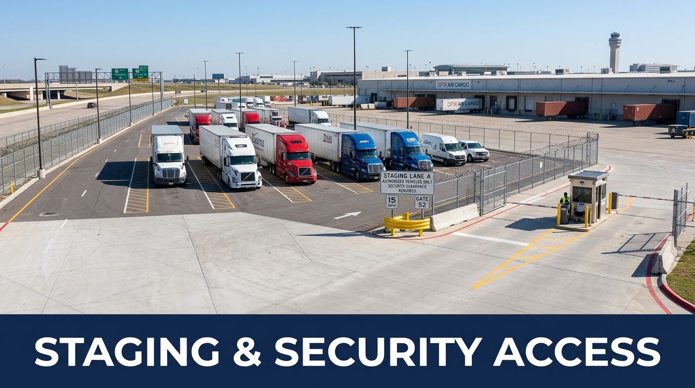 An elevated view of trucks parked in a staging lane at the Dallas Fort Worth International Airport.