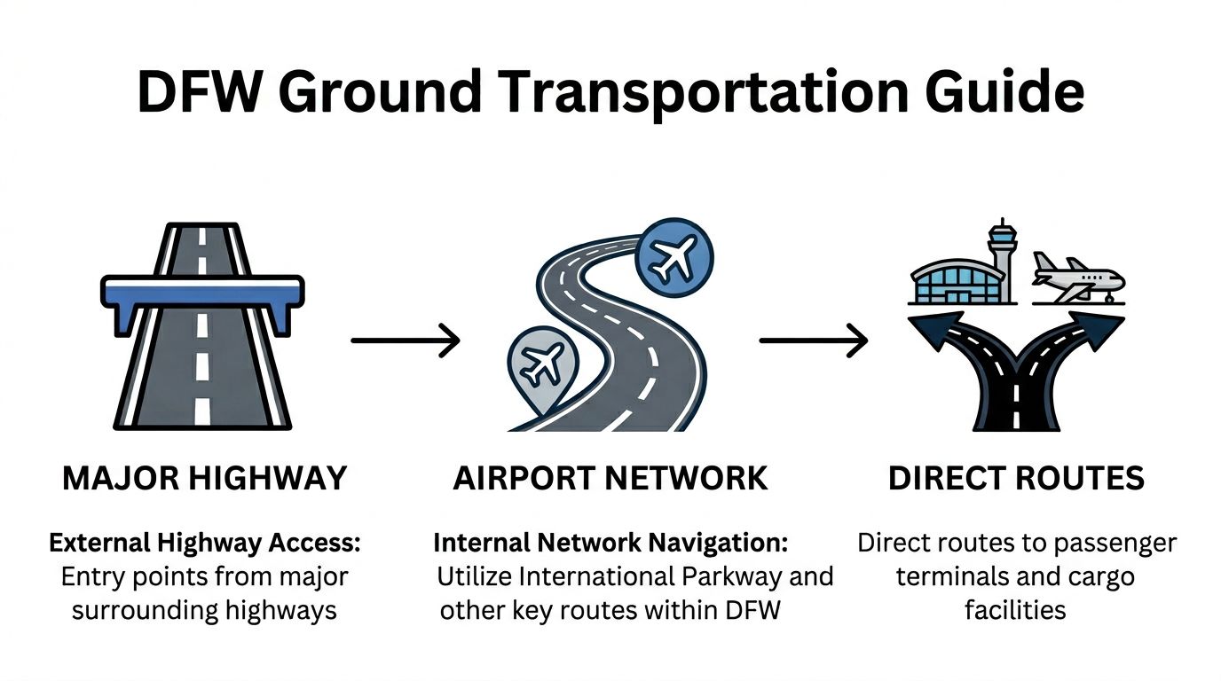 An infographic showing the DFW ground transportation process from major highways to airport terminals and cargo facilities.