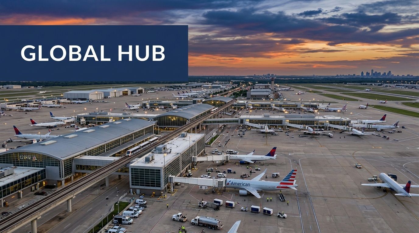 An aerial view of the Dallas Fort Worth International Airport during a beautiful orange sunset.