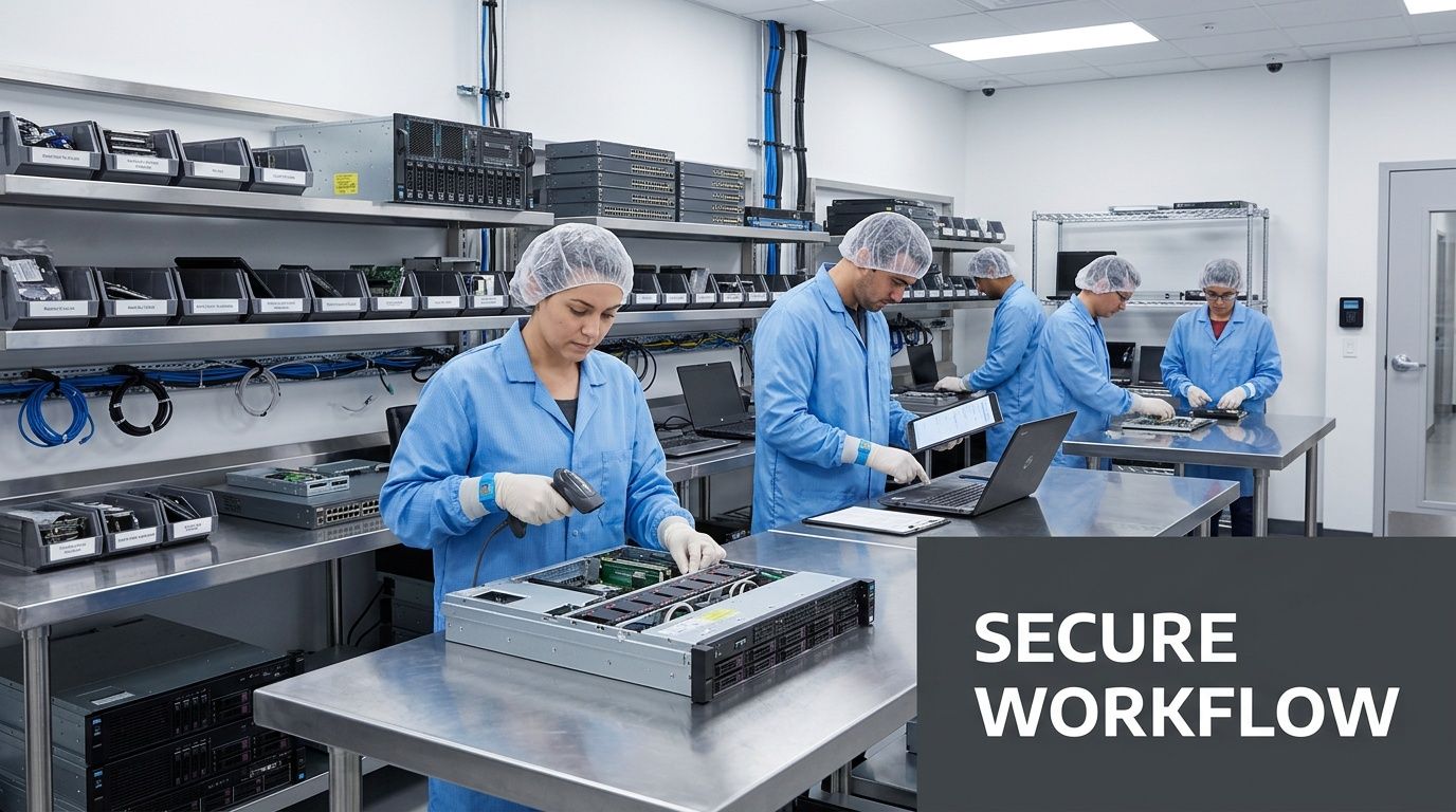 Technicians in protective gear performing secure data processing and hardware maintenance in a modern laboratory facility.