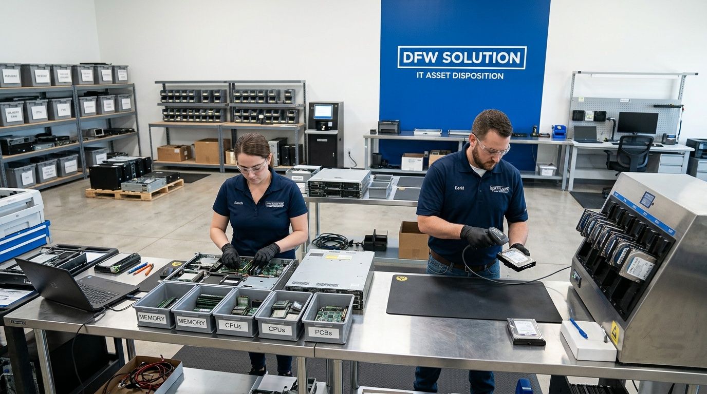 Two technicians working at the DFW Solution IT asset disposition facility, processing computer hardware and components.