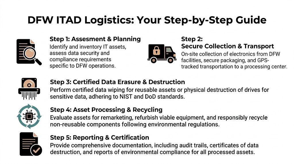 A five-step guide infographic detailing the IT asset disposition logistics process for DFW Airport.