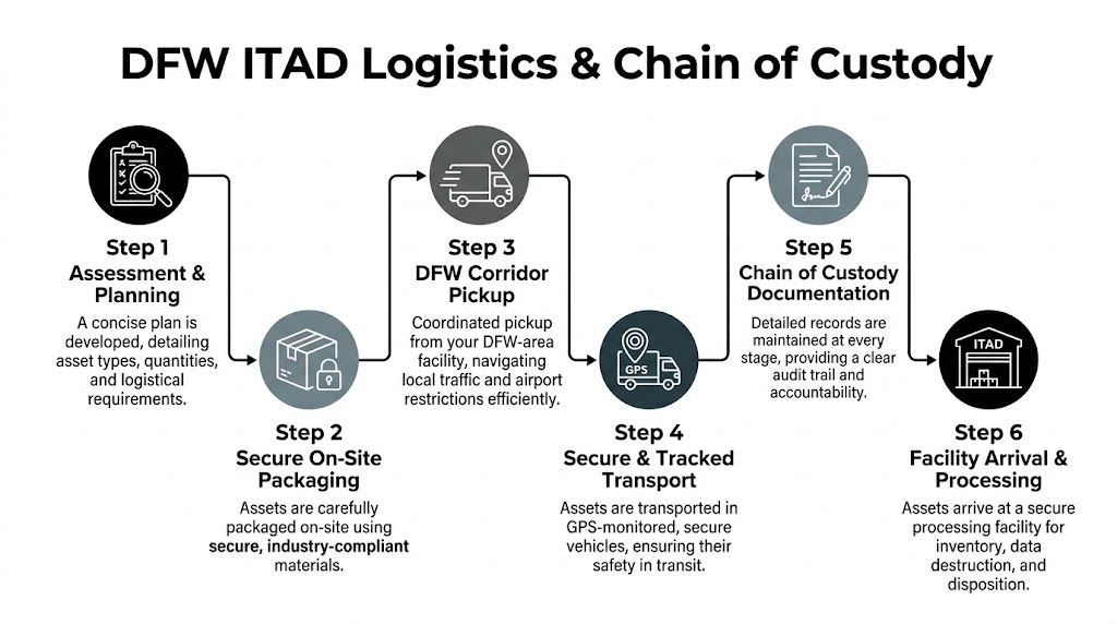 A six-step infographic detailing the secure ITAD logistics and chain of custody process for Dallas Fort Worth.