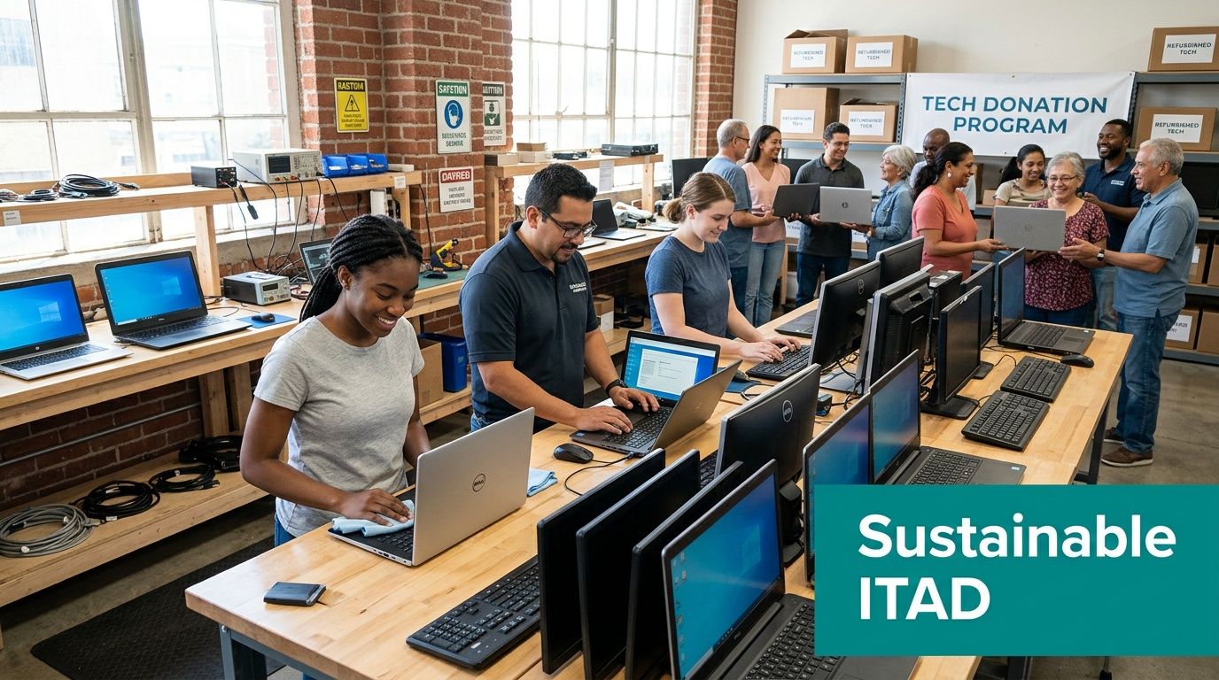 A diverse group of volunteers refurbishing laptops at a tech donation program workshop in an industrial warehouse.