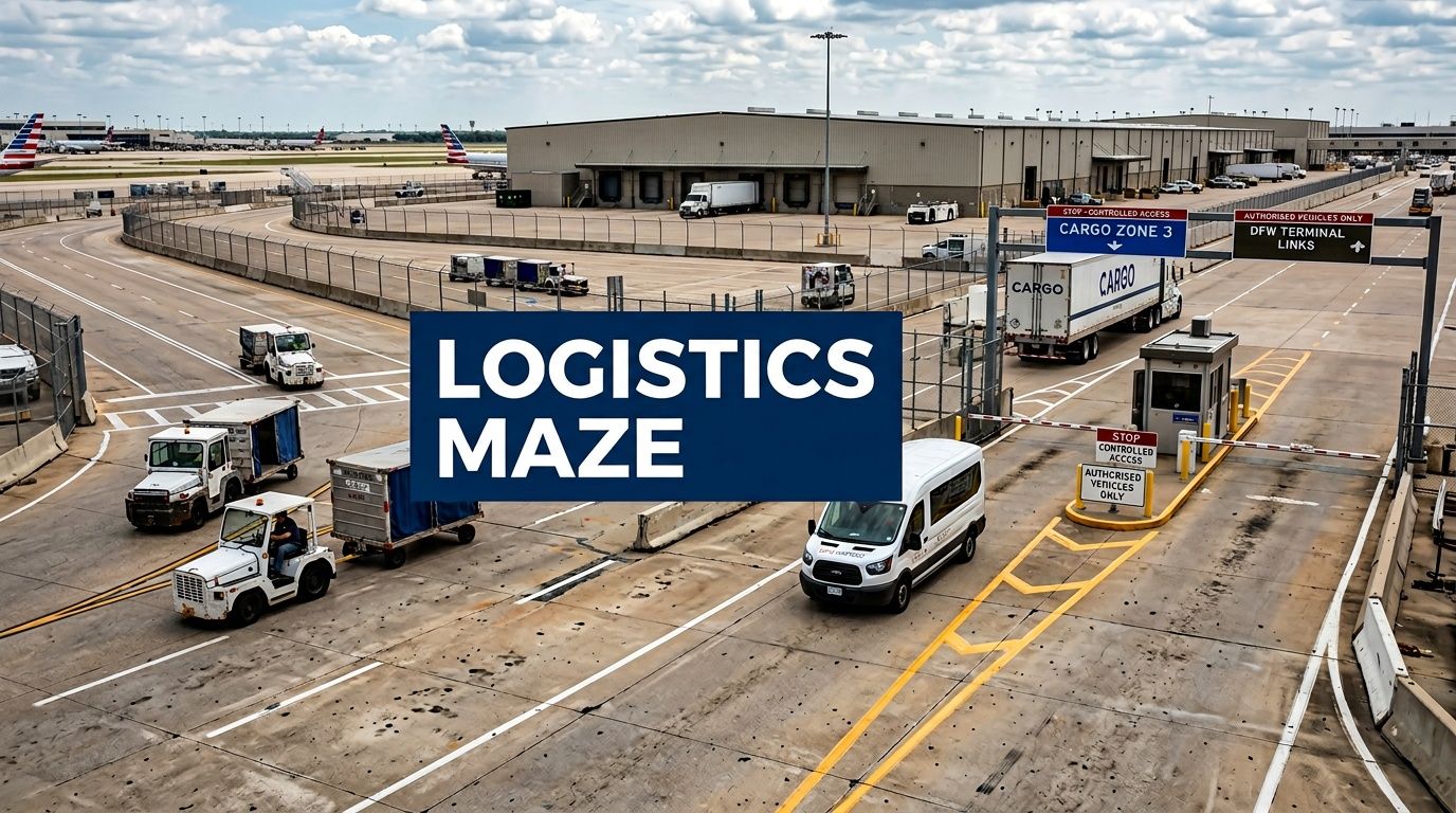 A view of the cargo processing area at Dallas Fort Worth International Airport with trucks and vehicles.