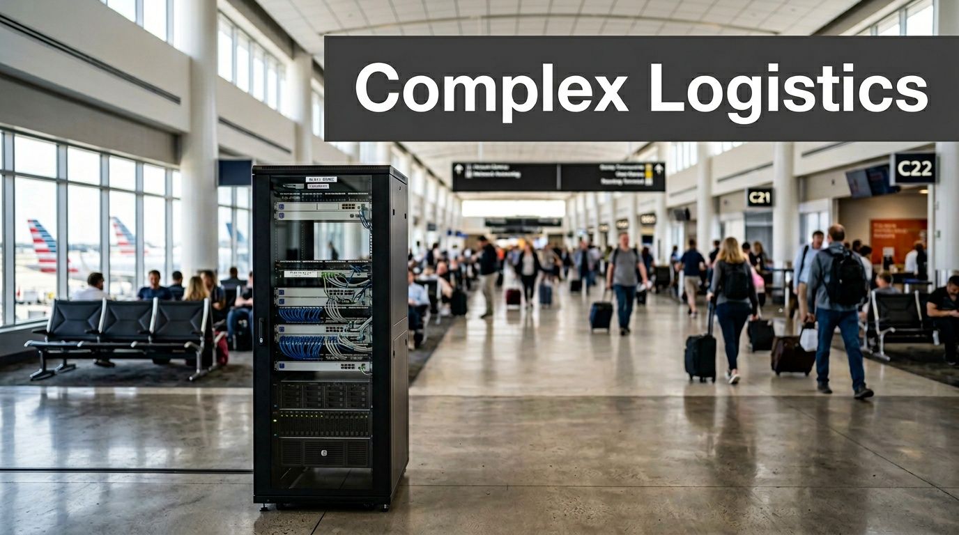 A server rack stands in the middle of a busy Dallas Fort Worth International Airport terminal walkway.