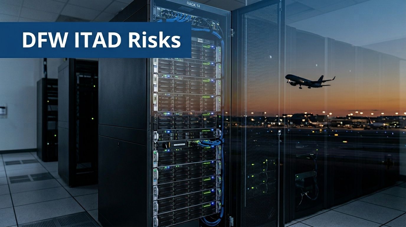 A server rack in a data center with a DFW airport runway view in the background.