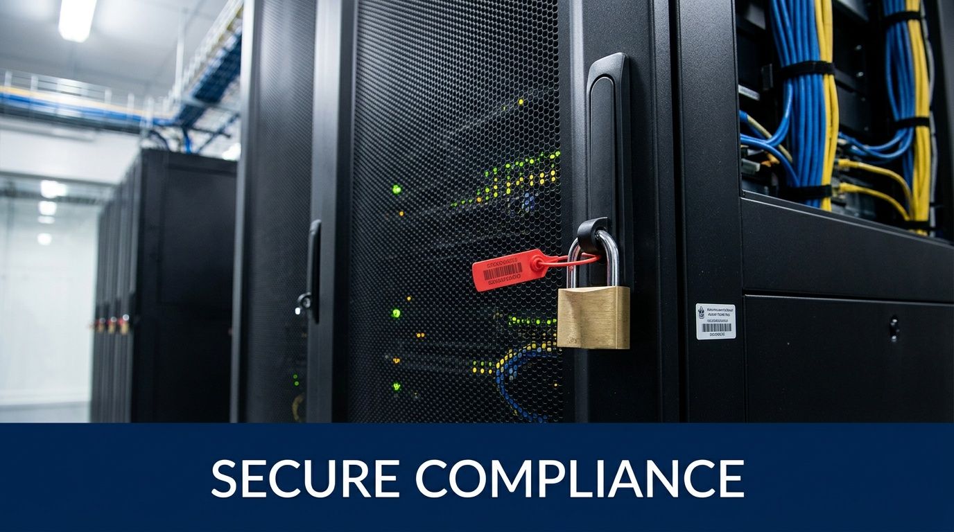 A locked black server rack cabinet inside a data center, symbolizing secure compliance and IT infrastructure protection.