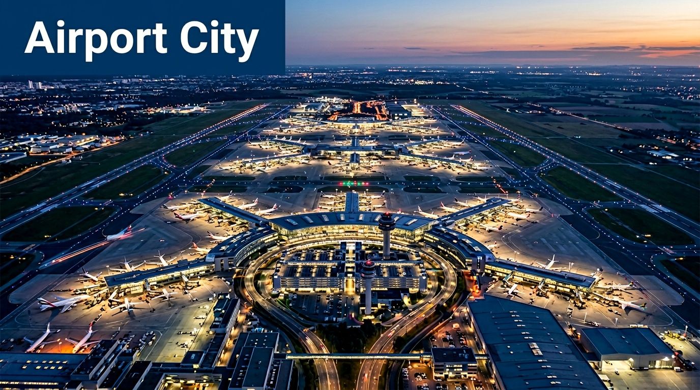 A stunning aerial view of a large international airport complex illuminated at twilight with parked airplanes.