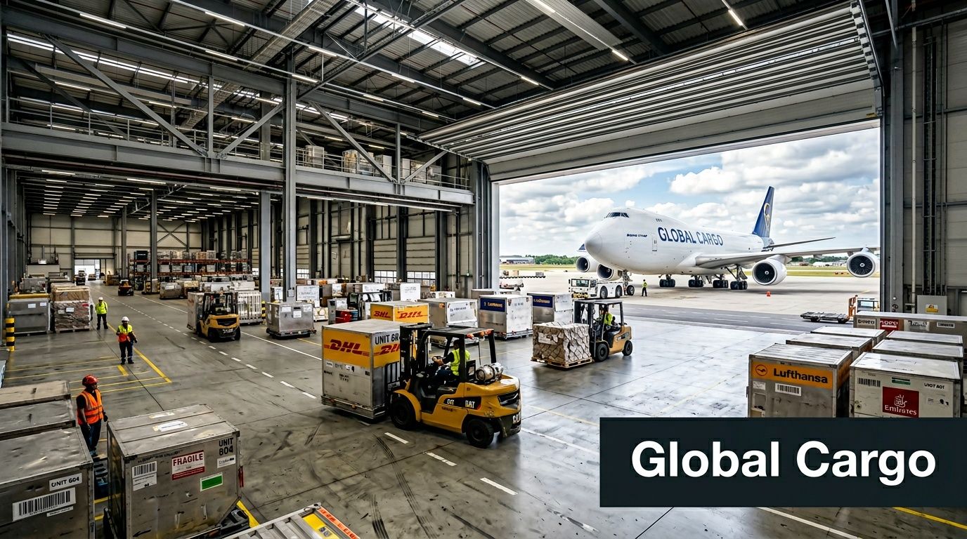 A large cargo warehouse terminal with forklifts and personnel preparing air freight packages for a Boeing cargo plane.