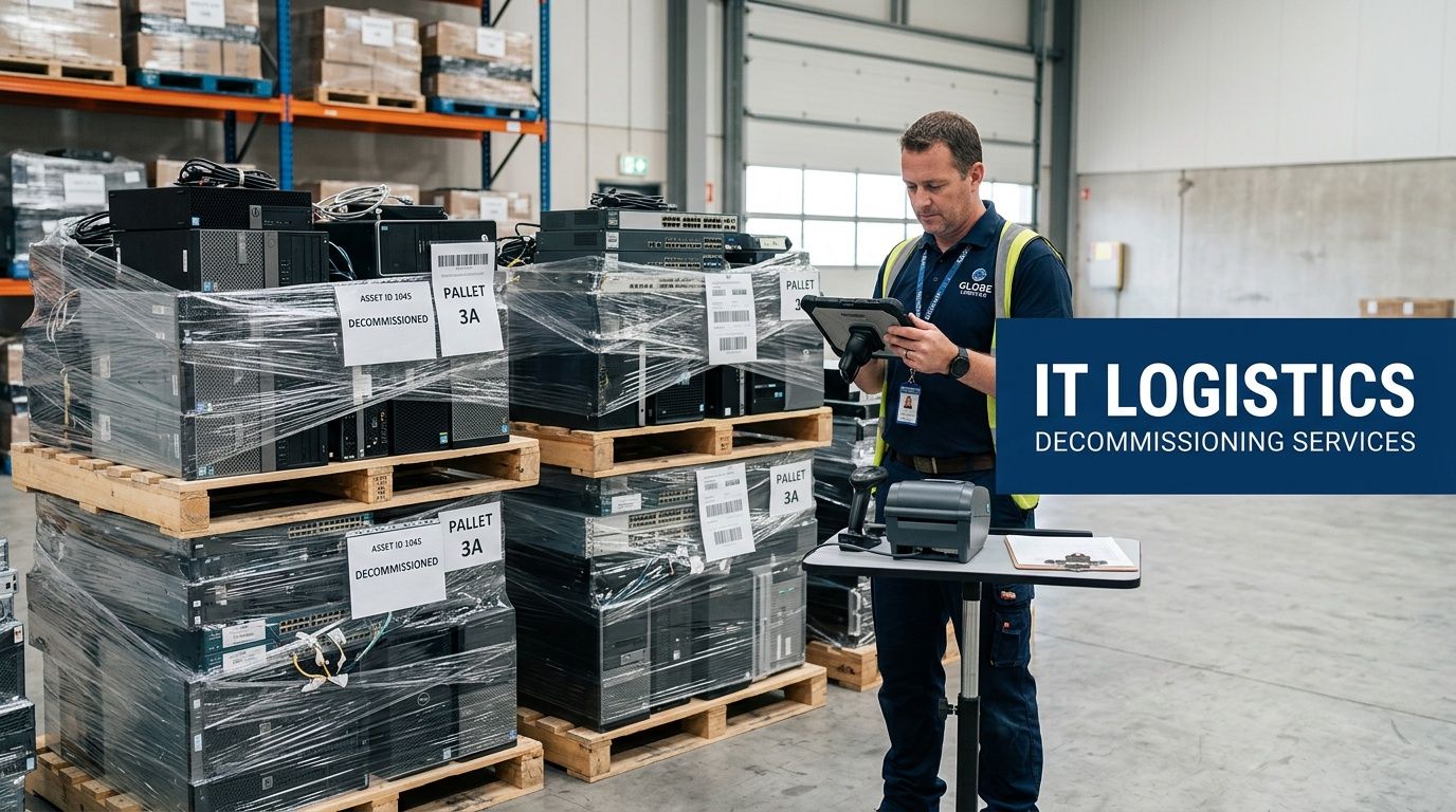 A professional warehouse worker scans decommissioned IT equipment stacked on wooden pallets in a large storage facility.