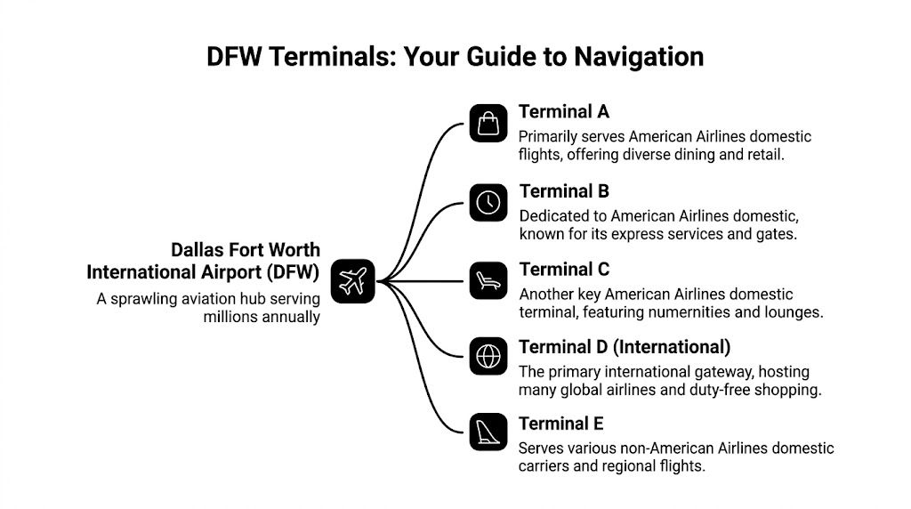 A diagram describing the five main terminals at Dallas Fort Worth International Airport and their specific functions.