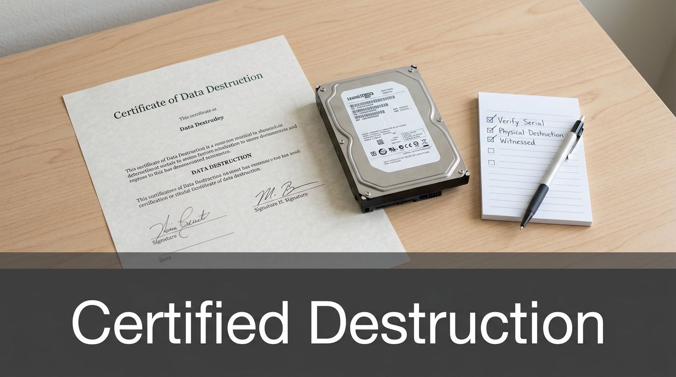 Certificate of data destruction, a hard drive, and a checklist for secure data disposal, on a wooden table.