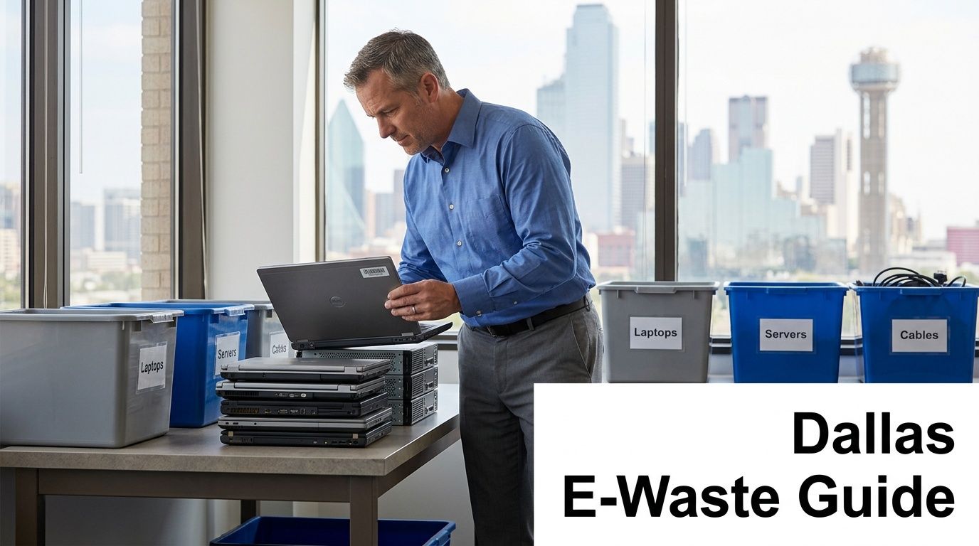 Man in office sorting electronic waste into labeled bins with a Dallas skyline view.