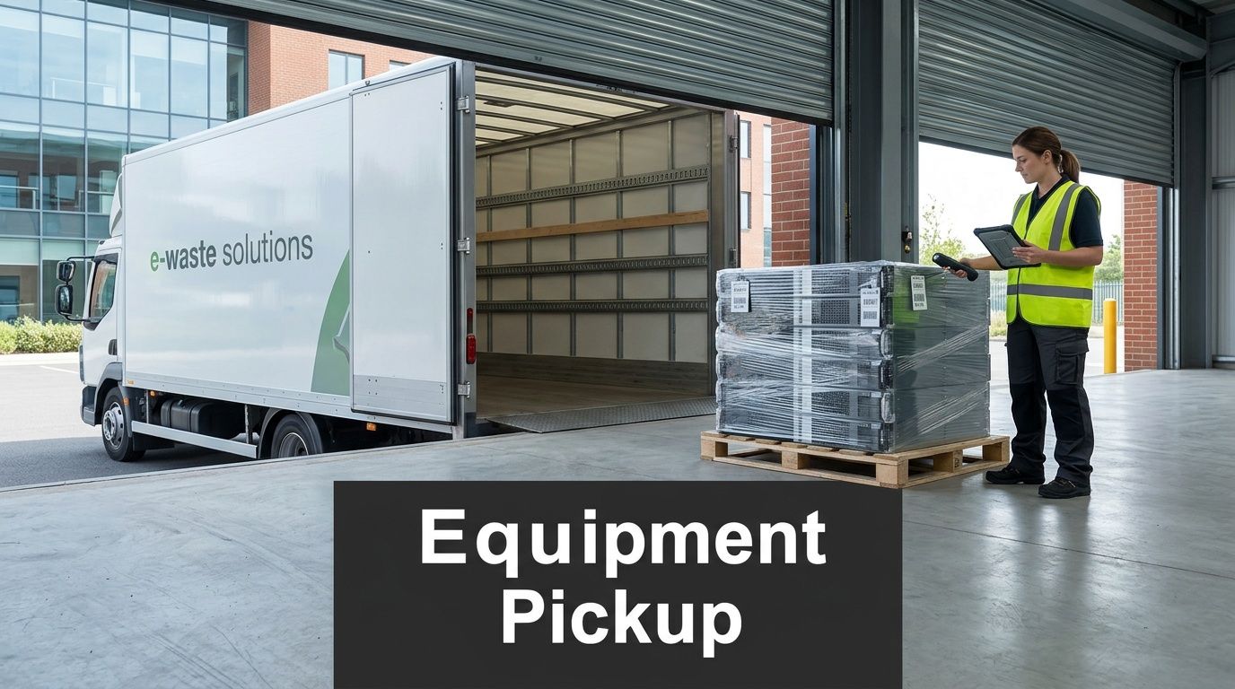 A worker scans a pallet of electronics for e-waste solutions pickup by truck at a loading dock.