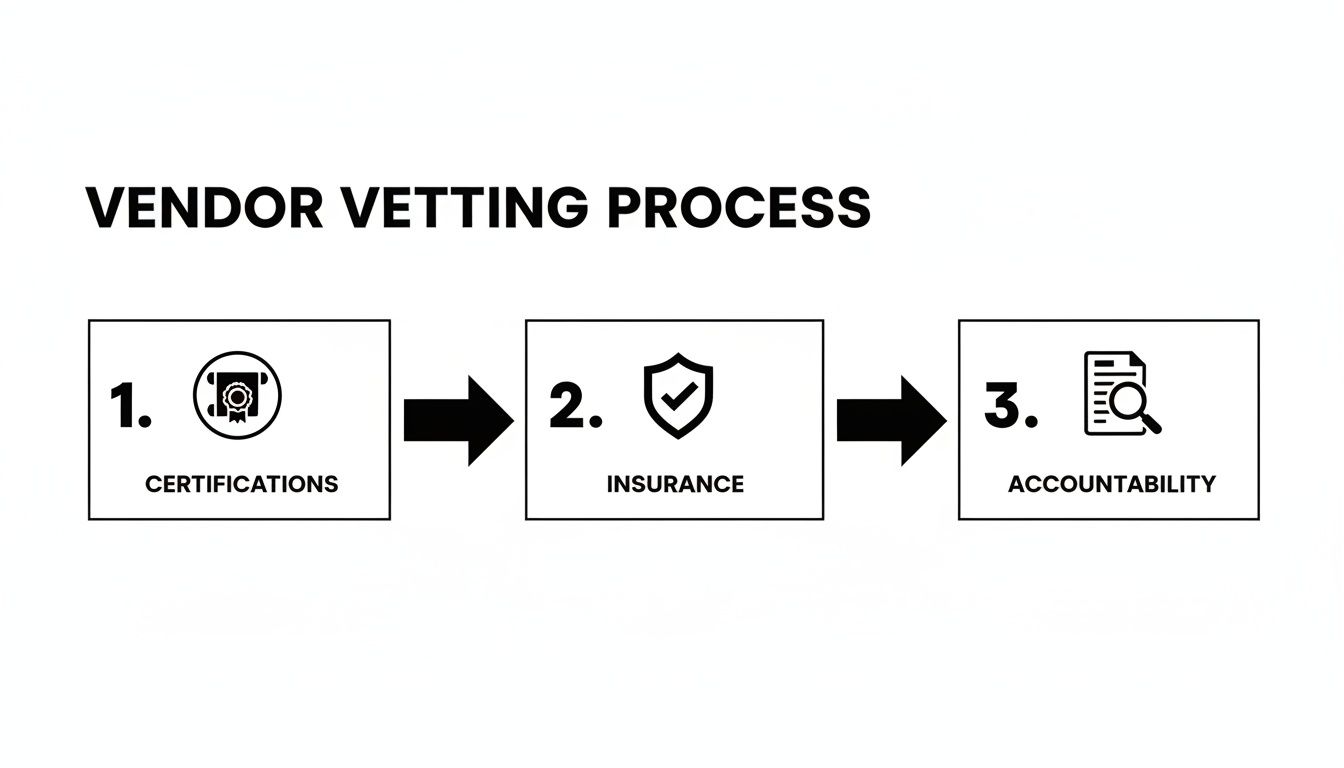 A diagram showing the three-step vendor vetting process: Certifications, Insurance, and Accountability.
