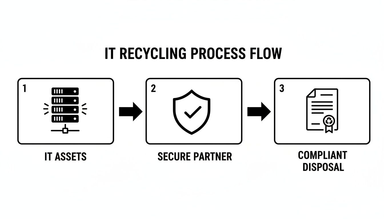 A clear diagram illustrating the IT recycling process flow, from IT assets to secure partner and compliant disposal.