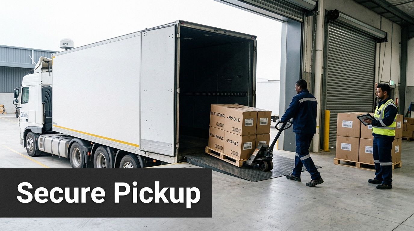Two workers are loading fragile electronic boxes onto a white truck at a loading dock.