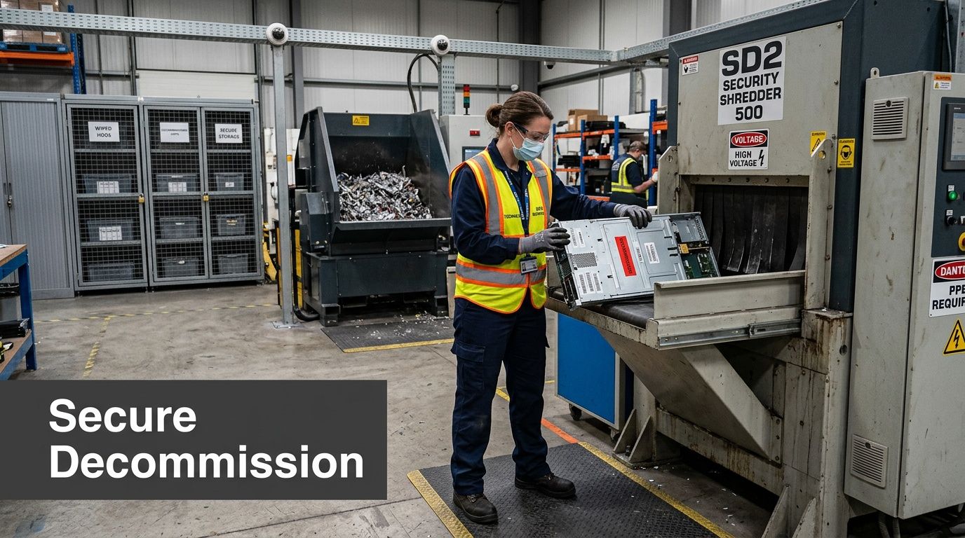 A professional technician wearing safety gear feeds a server into a industrial security shredder machine.