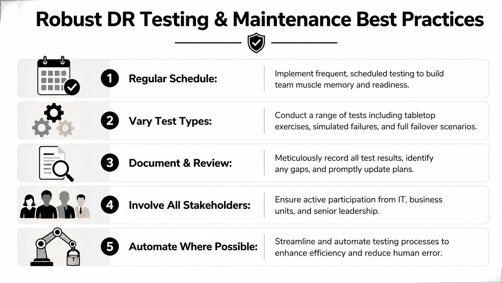 A list of five robust disaster recovery testing and maintenance best practices for IT teams.