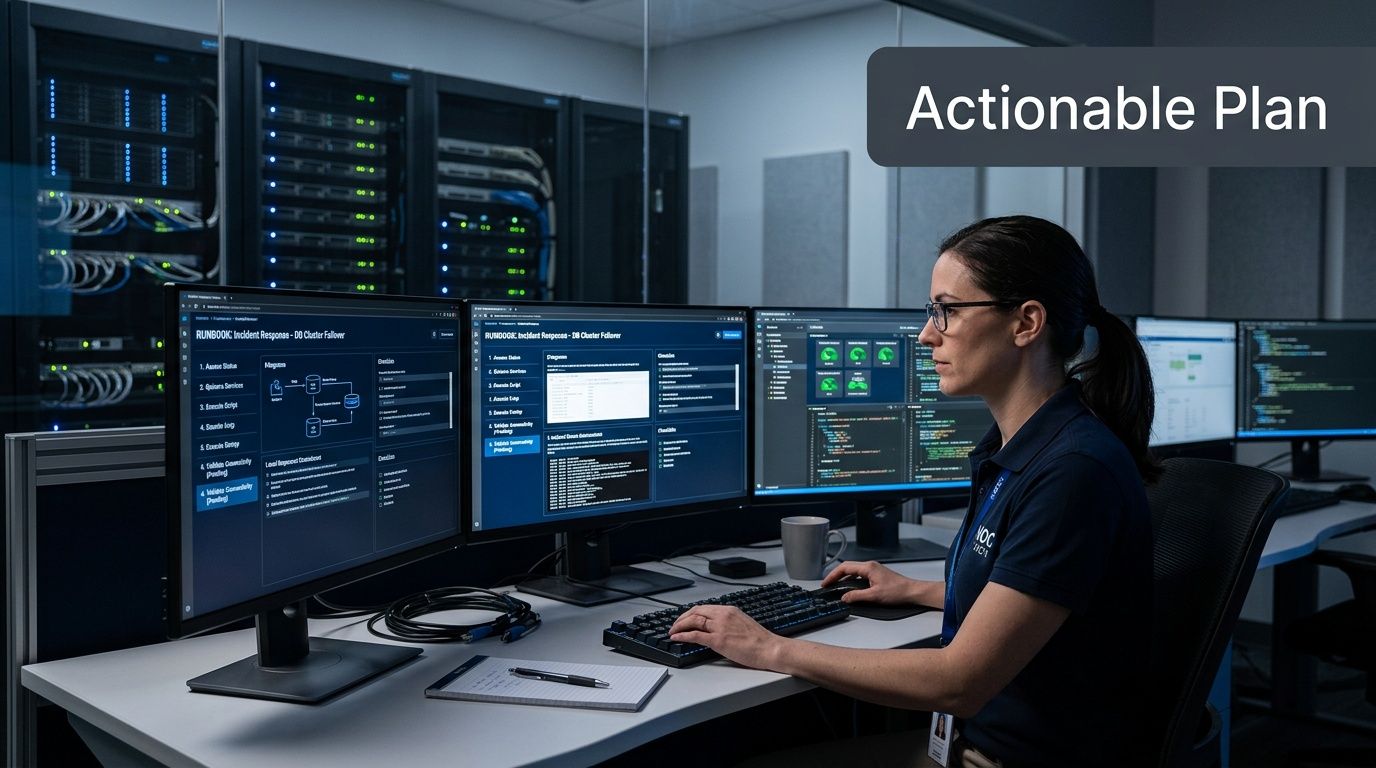 A female IT professional monitors server systems in a high-tech data center during a disaster recovery process.