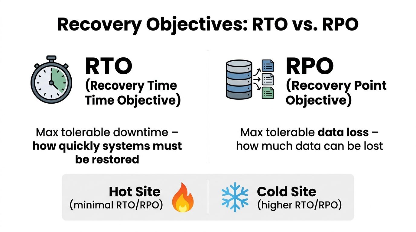A diagram comparing Recovery Time Objective (RTO) and Recovery Point Objective (RPO) for disaster recovery planning.