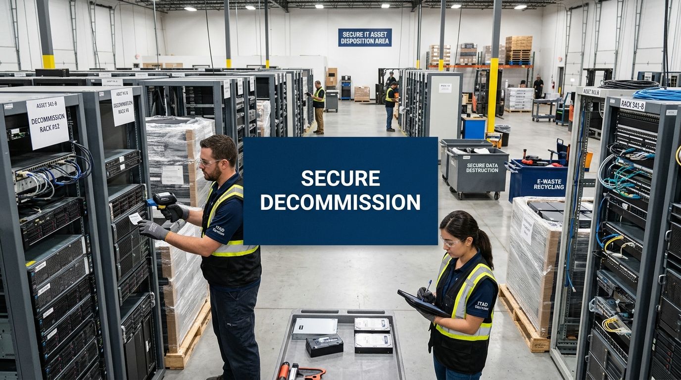 Technicians in a warehouse securely decommissioning and cataloging IT server equipment for data center disaster recovery services.