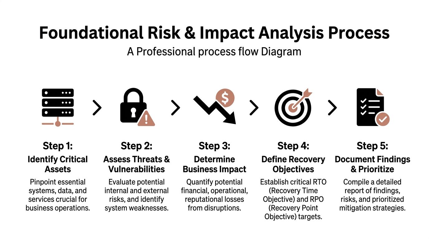 A five-step process flow diagram illustrating the foundational risk and impact analysis for business continuity and recovery.