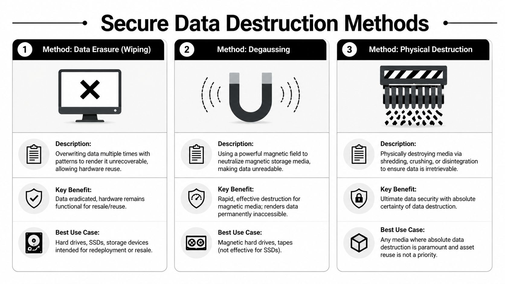 A chart detailing three secure data destruction methods: data erasure, degaussing, and physical destruction with their benefits.
