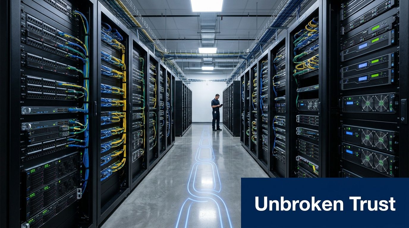 A technician working in a modern data center with rows of server racks and blue floor markings.