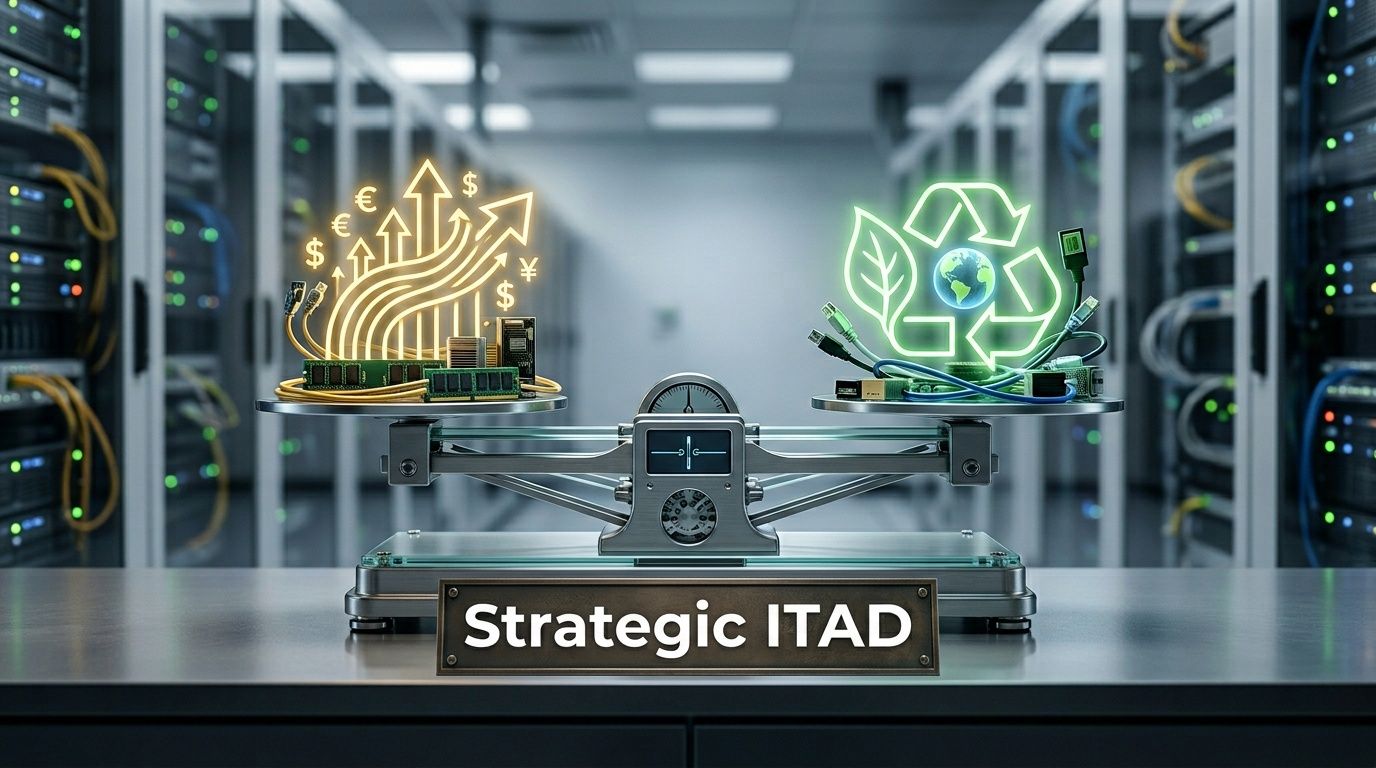 A scale balances economic growth icons against an environmental recycling symbol, representing strategic IT asset disposition services.