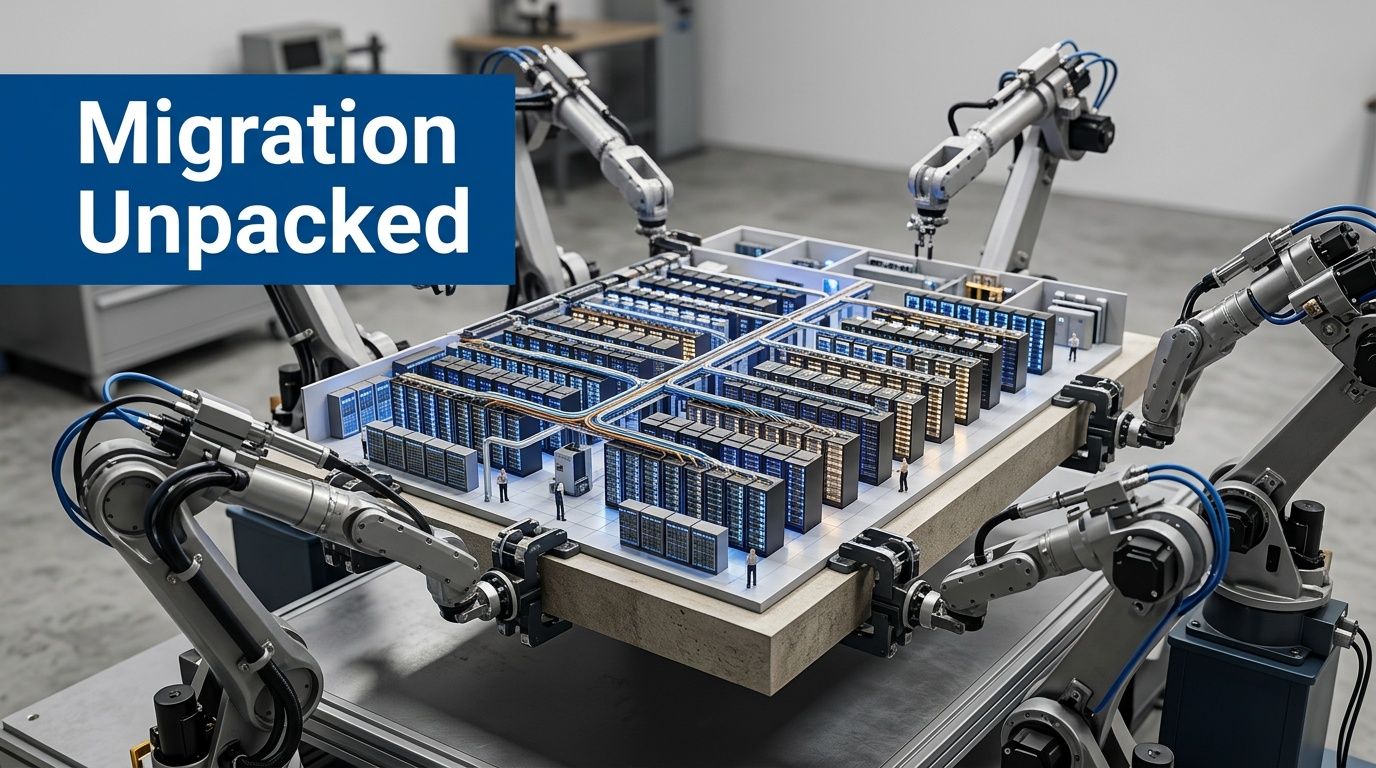 Robotic arms carefully manipulating a miniature model of a data center, representing cloud infrastructure migration processes.