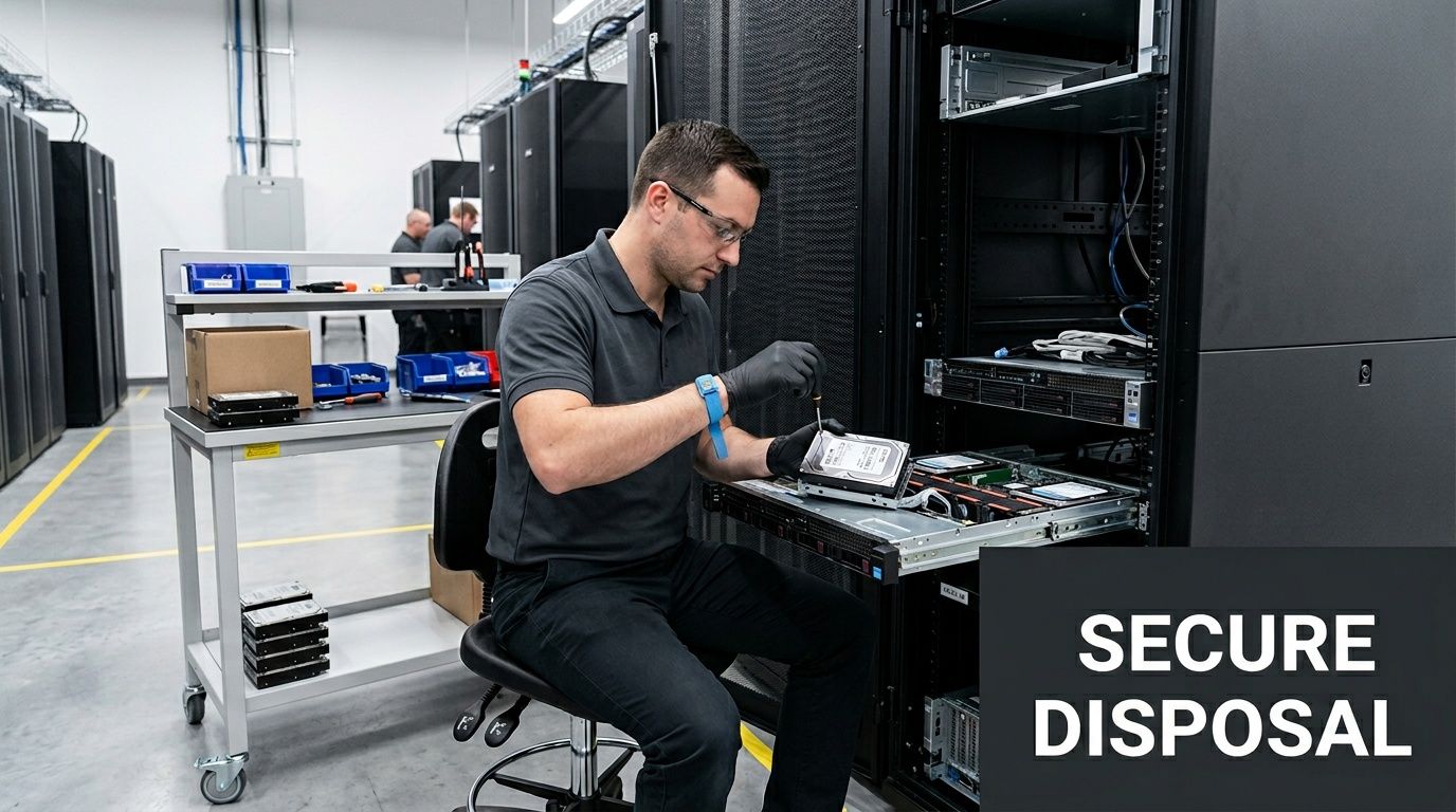 A technician wearing black gloves is installing a hard drive into a server rack inside a data center.