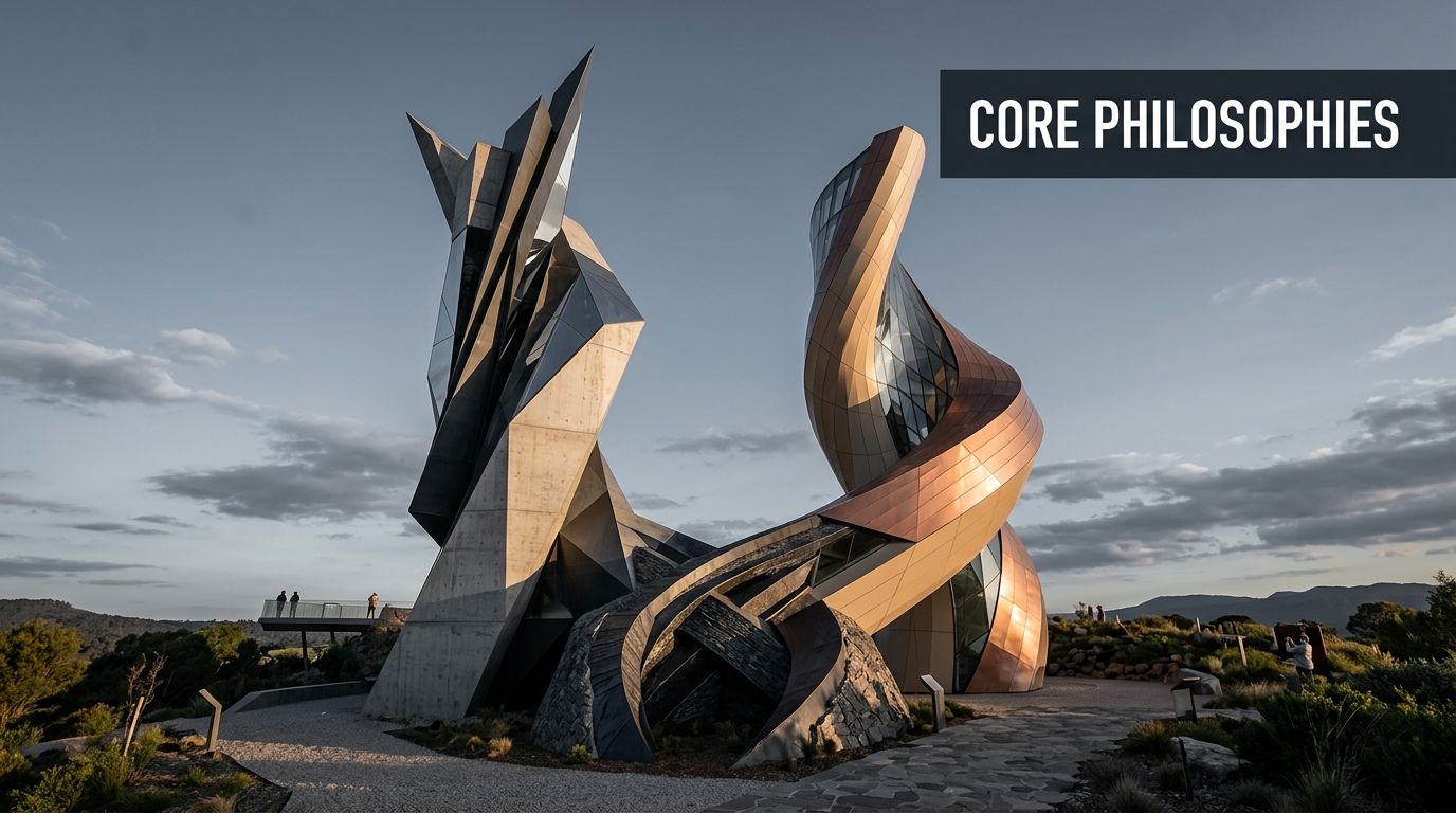 A striking modern architectural sculpture with twisted metal and concrete forms against a sunset sky.