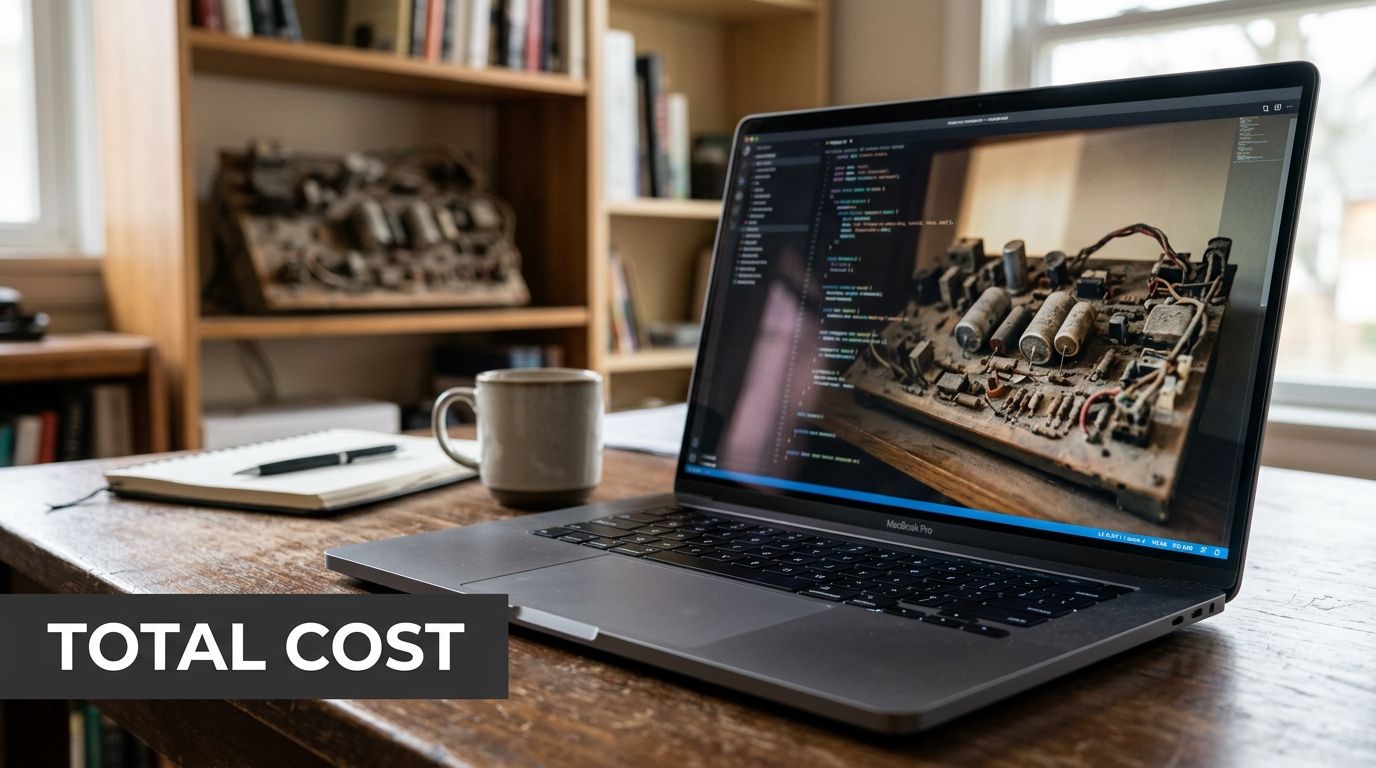 A sleek MacBook Pro open on a wooden desk displaying code alongside a technical electronic circuit board.