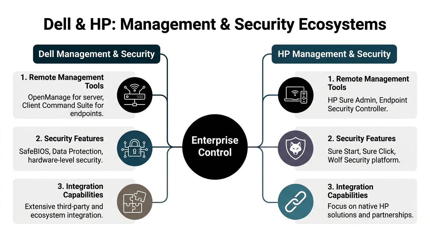A comparison chart showing management and security ecosystem features for Dell and HP enterprise control systems.