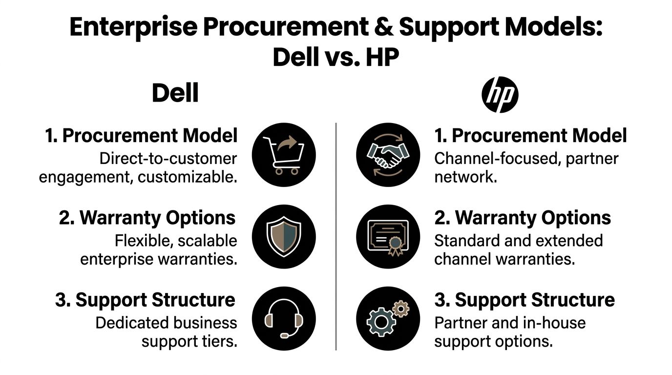 A comparison chart outlining the enterprise procurement and support models for Dell versus HP companies.