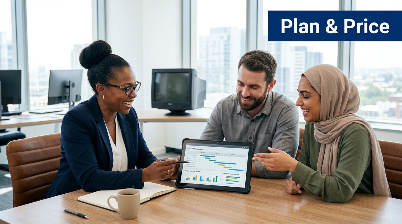 A diverse group of professionals collaborating while reviewing business project timelines on a tablet computer in office.