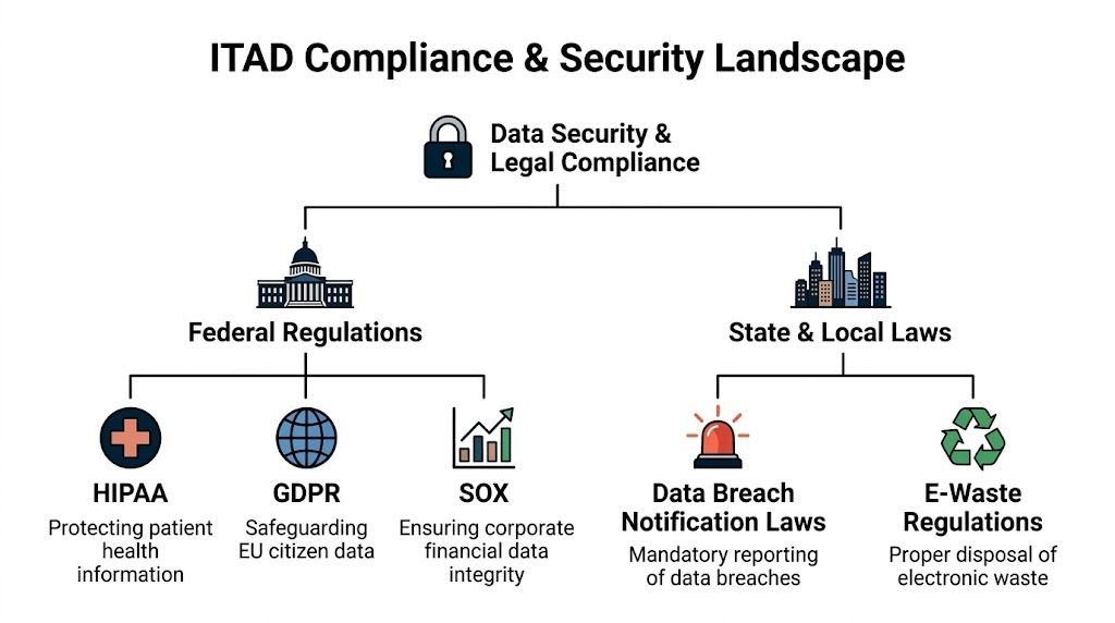 A diagram outlining the legal compliance and data security landscape for IT asset disposition regulations.
