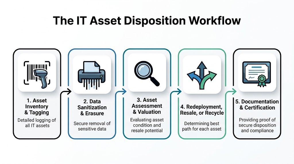 A five-step IT asset disposition workflow infographic showing inventory, sanitization, assessment, path determination, and documentation processes.