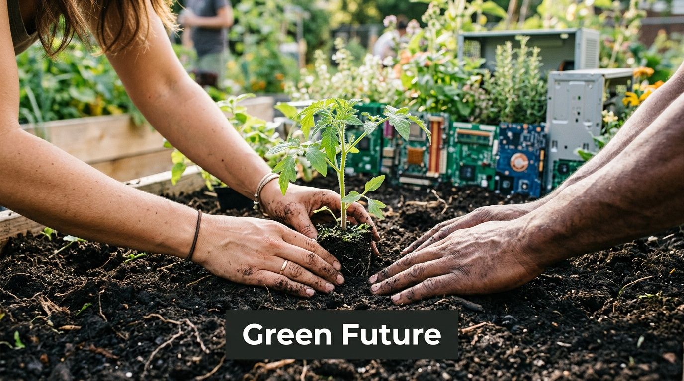 A person planting a young green sapling into dark soil next to discarded computer circuit boards.