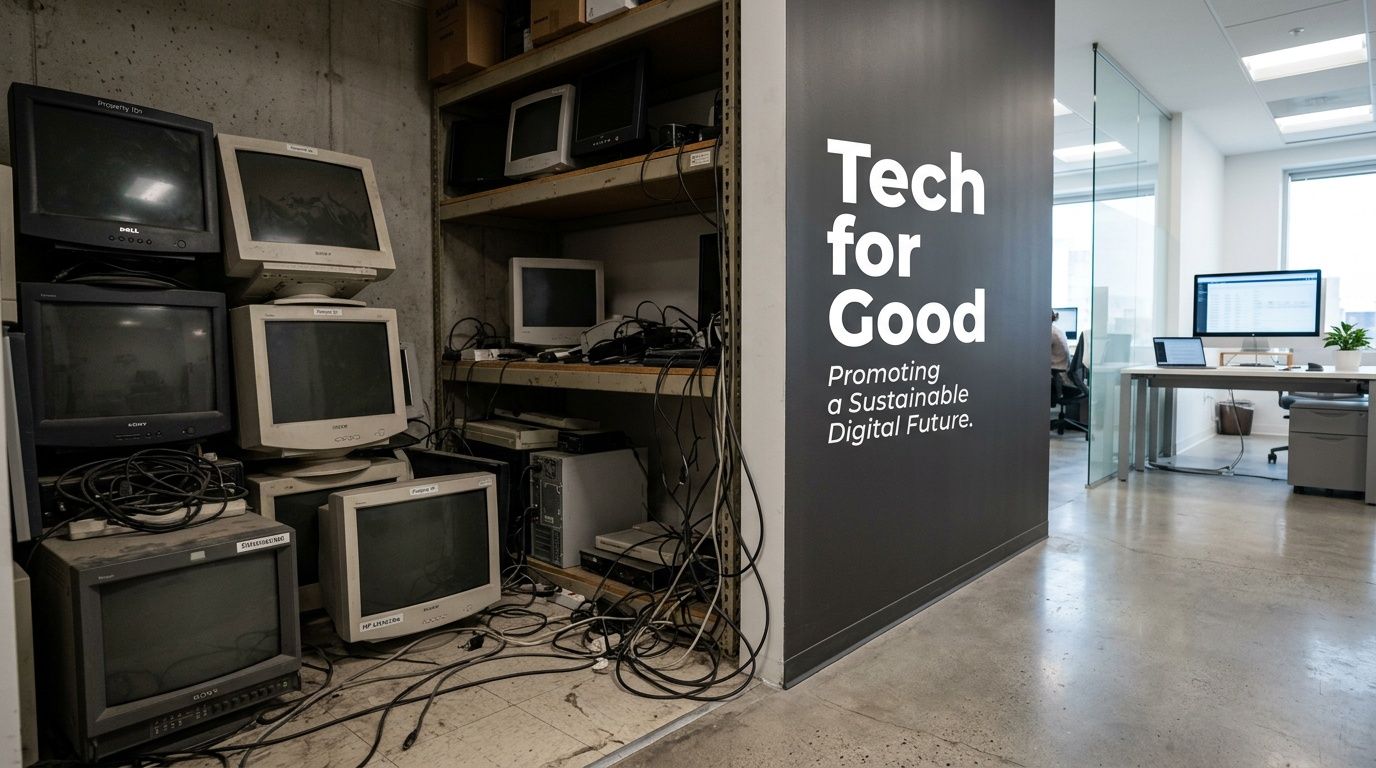 A stack of old vintage CRT computer monitors next to a sign about sustainable digital technology.