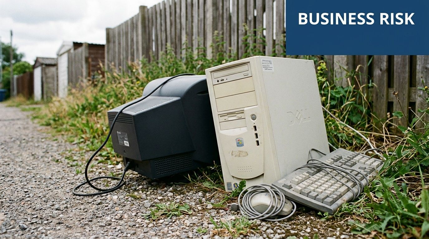An abandoned Dell desktop computer, monitor, keyboard, and mouse discarded on a gravel path near a fence.
