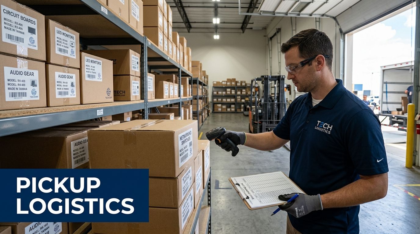 A logistics employee wearing safety glasses and gloves scans a box in a warehouse full of electronic equipment.