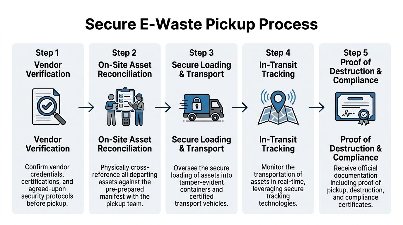 A five-step flowchart illustrating a secure e-waste pickup process from vendor verification to compliance documentation.