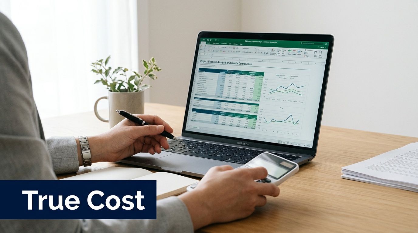 A person analyzes project expense data on a laptop while using a calculator at a wooden desk.