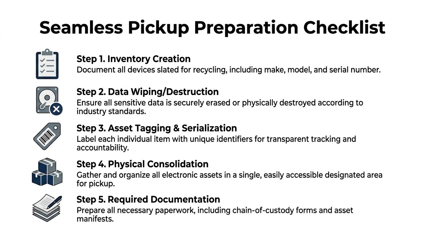 A five-step checklist for preparing electronic devices for professional recycling pickup and data security.